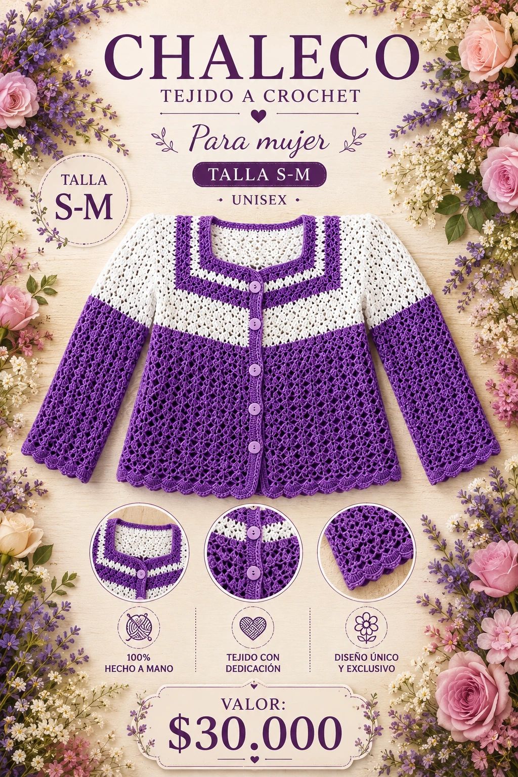 Chaleco de mujer talla S-M tejido a crochet en tonos blanco y morado, con presentación floral