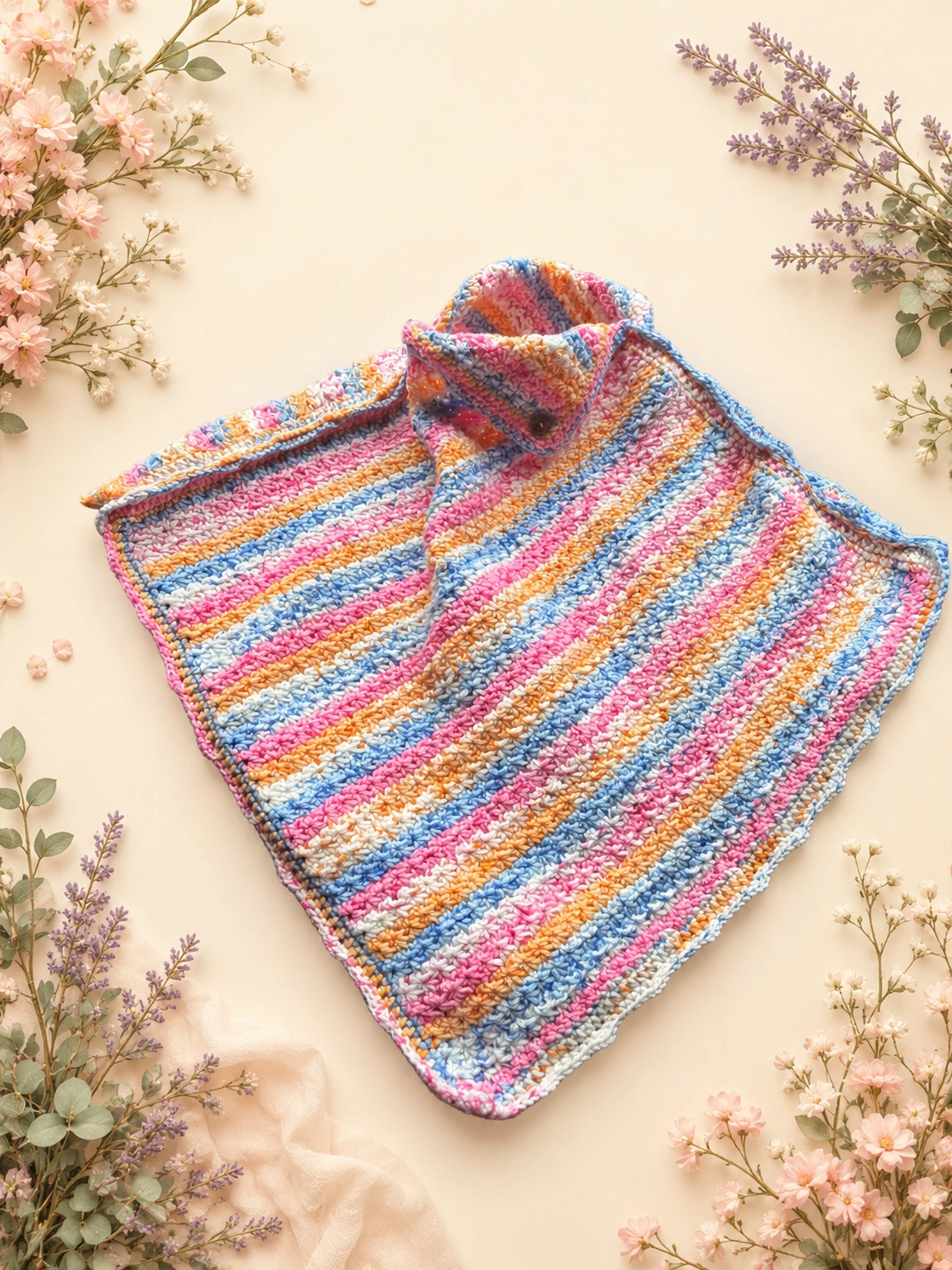 Manta tejida a crochet con franjas de colores para niña de 2 a 4 años sobre fondo floral suave